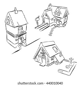 Three Houses Sketch Miniature Doodles Vector Outline 