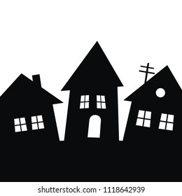 Three houses, village, black silhouette, vector icon