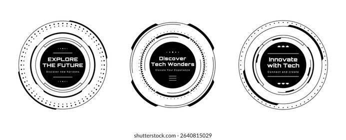 Three hud vector graphic circles with text, explore future, discover tech wonders, innovate with tech concepts.