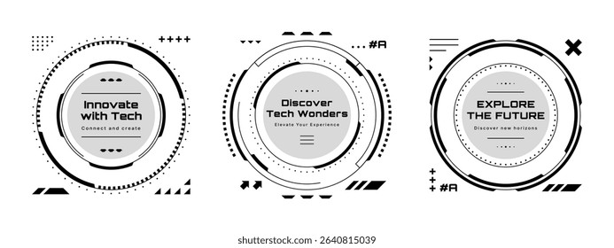 Three hud vector graphics with futuristic abstract circles. Concept of innovation and technology exploration. Digital design for modern interfaces.
