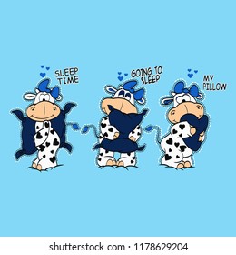 Three hugged cows to navy blue pillows with around hearts and texts on blue background. Vector illustration.