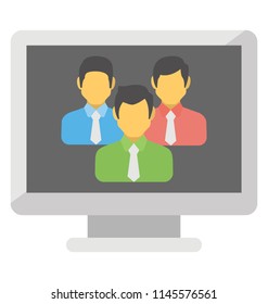 Three human avatars in professional attire on monitor screen, telepresence icon graphic 