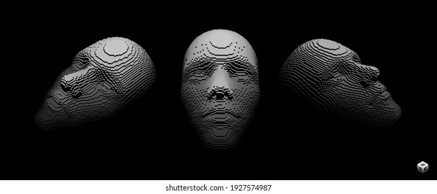 Tres caras humanas construyendo a partir de cubos. Enmascaramiento social anónimo. Concepto de tecnología y robótica. Ilustración vectorial 3D del arte Voxel.