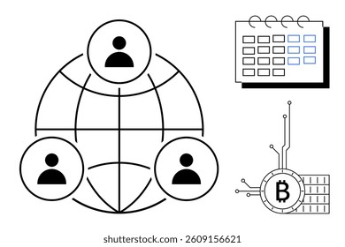 Three human figures connected by a globe, a calendar with highlighted dates and a Bitcoin symbol with circuits. Ideal for global networking, cryptocurrency, blockchain technology, scheduling