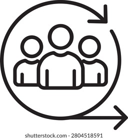 Three human figures inside circle with cycle arrows representing refresh loop and synchronization vector line illustration