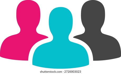 Três figuras humanas em rosa, azul-petróleo e cinza, simbolizando diversidade e unidade.