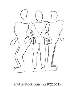 Drei menschliche Figuren Silhouetten stehen in verschiedenen Positionen. Skizze handgezeichnete Linie Art-Stil einfache Vektorgrafik einzeln auf weißem Hintergrund.