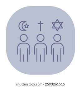 Three human figures standing together, symbolizing unity among different religions. Crescent moon, cross, and star of David, representing faith diversity