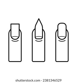 Three human finger nails shape after manicure salon treatment vector icon illustration black outline isolated on square white background. Simple flat cartoon art styled drawing.