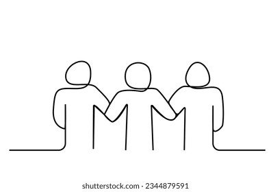 tres amigos humanos apoyan el abrazo de comunicación simple de una línea de arte