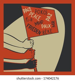 Three human hands of different races holding a flag of peace retro illustration