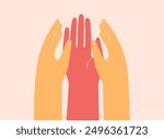 Three human hands put together to each other. Concept of cooperation, togetherness, partnership, agreement, teamwork, solidarity or awareness movement. Vector illustration.