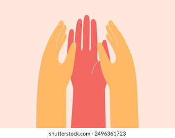 Three human hands put together to each other. Concept of cooperation, togetherness, partnership, agreement, teamwork, solidarity or awareness movement. Vector illustration.