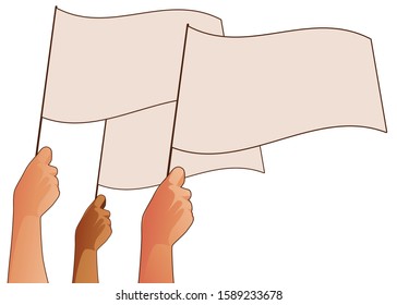 Three human hands waving white flags isolated on white background