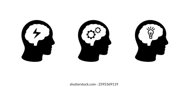 Three human head icons with brain symbols express creative brainpower and cognitive functions.