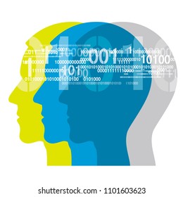 Three Human Heads with binary codes.
Illustration of thre male silhouettes with binary codes. Vector available.