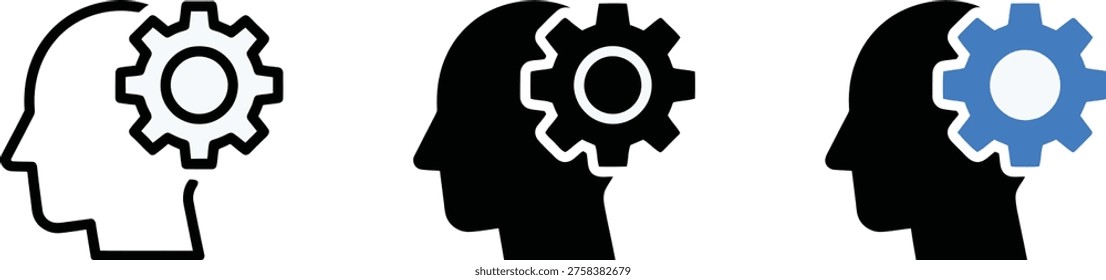 Three human heads with gear icons in profile view. Vector illustration