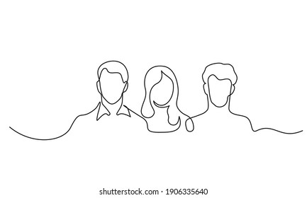 Three Human heads silhouette. Two young man and woman. Team concept. Continuous one line drawing. Vector illustration