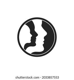 Three human logo profiles. Psychology sign. Group therapy logo. Coaching abstract icon. Vector illustration