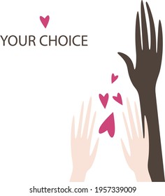 Three human palms of different colors are raised up. Hearts fly out of the palms. Topics of racism voting choices, cohesion tolerance and social issues.