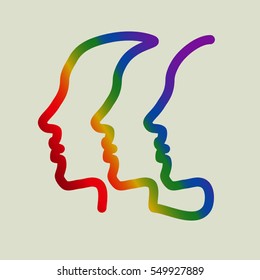 Three human profile, drawn by a multicolored single line. Symbol of the human unity in diversity. Vector drawing on separated background.