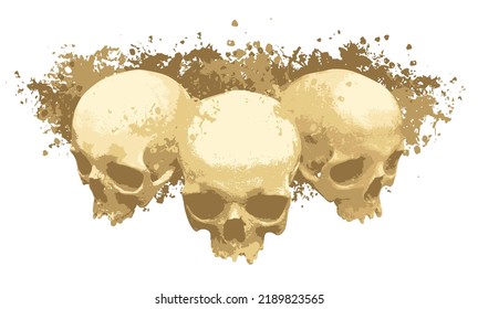 three human skull with color spots and splashes. Graphic print for clothes, fabric, wallpaper, wrapping paper, design element for halloween party