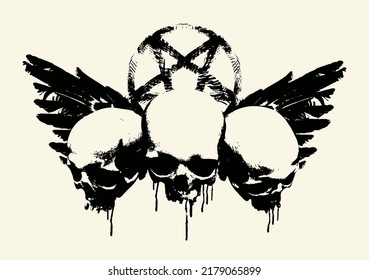 three human skulls and bird wings. black spots and an inverted pentagram star. Graphic print for clothes, fabric, wallpaper, wrapping paper, design element for halloween party