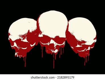 Three Human Skulls With Red Blood Spots And Splashes. Graphic Print For Clothes, Fabric, Wallpaper, Wrapping Paper, Design Element For Halloween Party