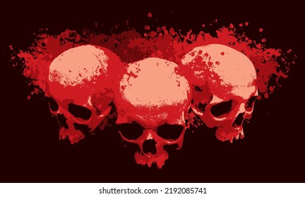 Three Human Skulls With Red Blood Spots And Splashes. Graphic Print For Clothes, Fabric, Wallpaper, Wrapping Paper, Design Element For Halloween Party