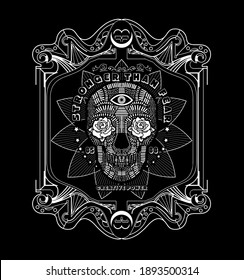 Three human skulls - the shamans, magic horn. Eye of Providence. Background - imitation of old paper, a decorative frame. Vector illustration.