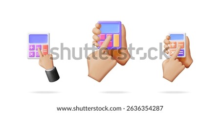Three humanoid hands hold and use a calculator, representing business calculation, finance, and accounting. 3d vector financial illustration set.