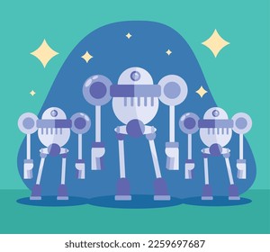 three humanoids robots standing icons