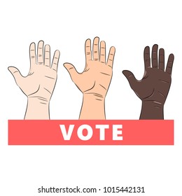 Three human's hands vote.Caucasian,asian and african color of skin