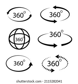 Three hundred and sixty degrees icon. Arrows circle shape. Different signs. Simple art. Vector illustration. Stock image. 