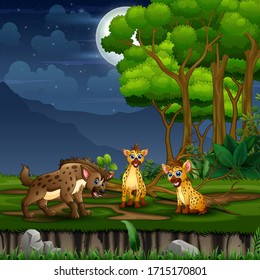 Three hyena cartoon at the forest landscape