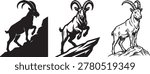 Three ibex or mountain goat illustrations: one climbing a rock, one jumping, and one standing