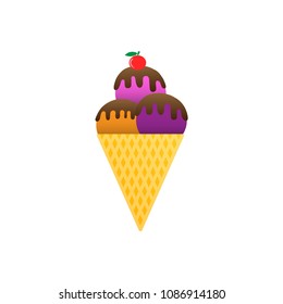 Three ice cream in a cone and a red cherry on a white background