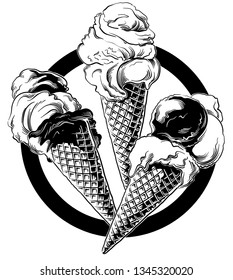 Three ice cream cones of different flavors, framed in a circle, in black and white vector.