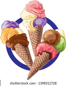 Three ice cream cones of different flavors, framed in a circle, in vector.