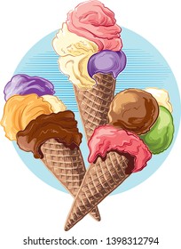 Three ice cream cones of different flavors, in vector.