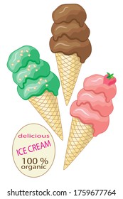 Three ice cream cones of three different flavors