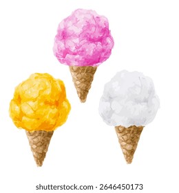 three ice cream cones with different colors on them
