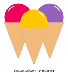 Three ice cream cones. Frozen desserts, treats, sweets in a waffle cone. Vector illustration isolated.