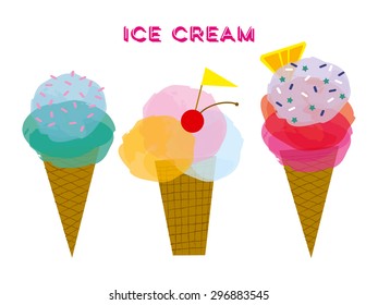 Three ice cream cones isolated on white background. sprinkles. Vector and illustration design.