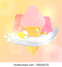 Three ice cream cones on colorful background with milk splash.Frozen food icon.Sweet dessert.For advertising banner,poster or flyer