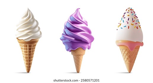 Three ice cream cones showcase various flavors and textures. One features classic vanilla, another vibrant purple, and the last topped with sprinkles, creating a delightful assortment. 3d Vector