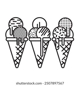 Three ice cream cones with a variety of flavors vector line icon for Creative Ice Cream Flavor Day on July 1st