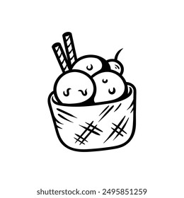three ice cream on cup drawing coloring line art style sketch classic vintage design illustration