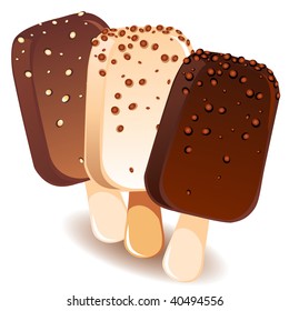 Three ice cream on a stick of dark, milk and white chocolate