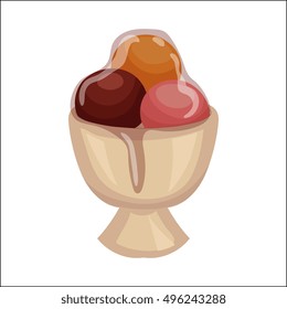 Three ice cream scoops in porcelain bowl, cartoon vector illustration isolated on white background. Vanilla, strawberry and chocolate ice cream under glaze, yummy refreshing dessert